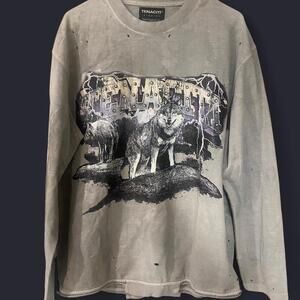 Tenaciti Grey Distressed “Wolf Pack” Graphic Long Sleeve Shirt – Size XL